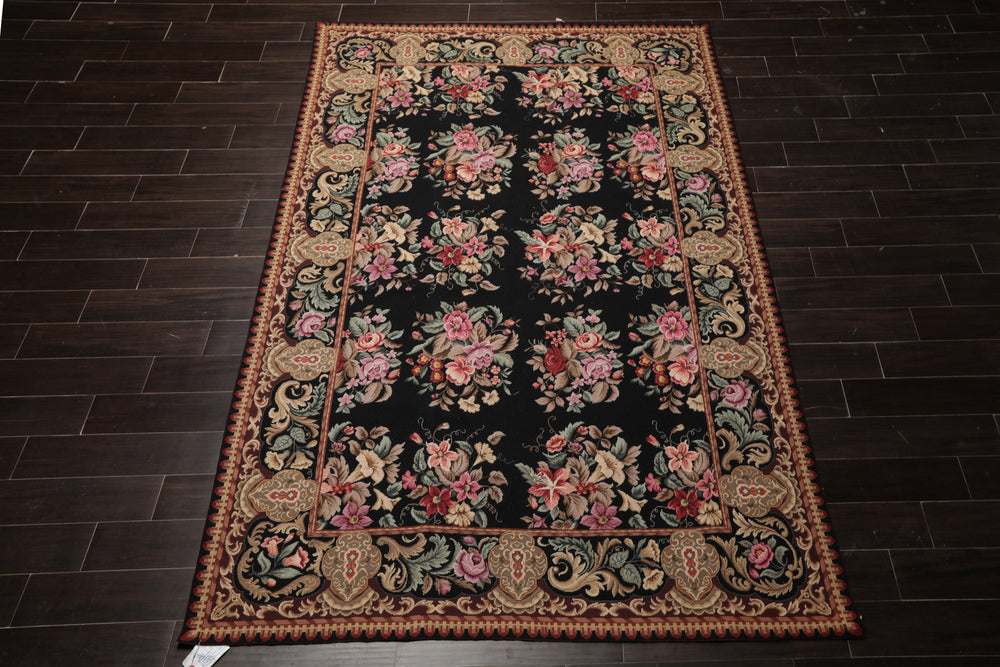 6x9 Black, Brown, Beige Color Hand Woven Aubusson Needlepoint Wool Traditional Oriental Rug