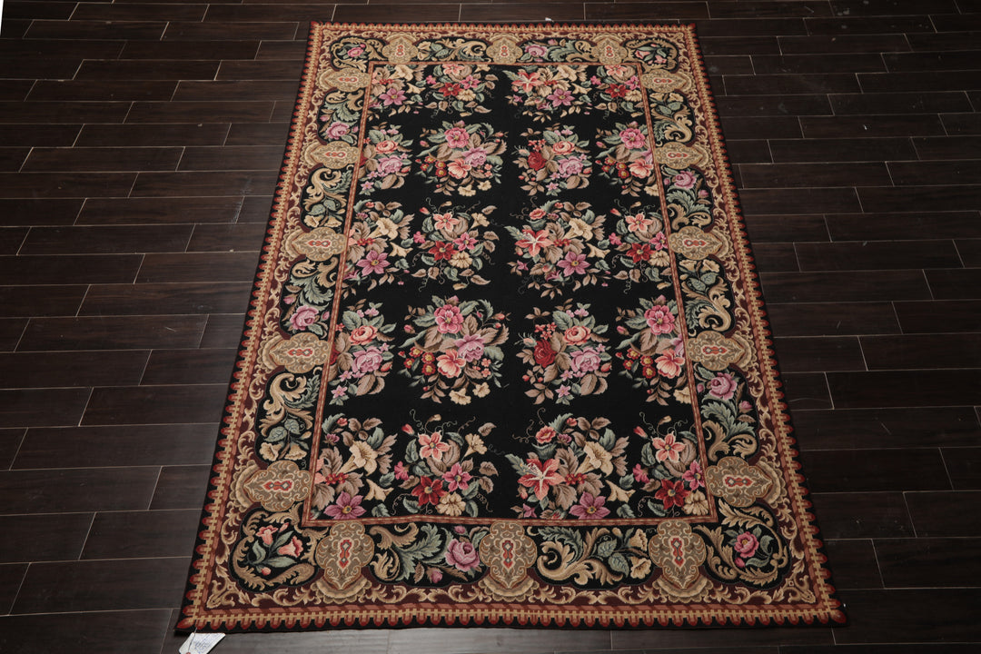 6x9 Black, Brown, Beige Color Hand Woven Aubusson Needlepoint Wool Traditional Oriental Rug