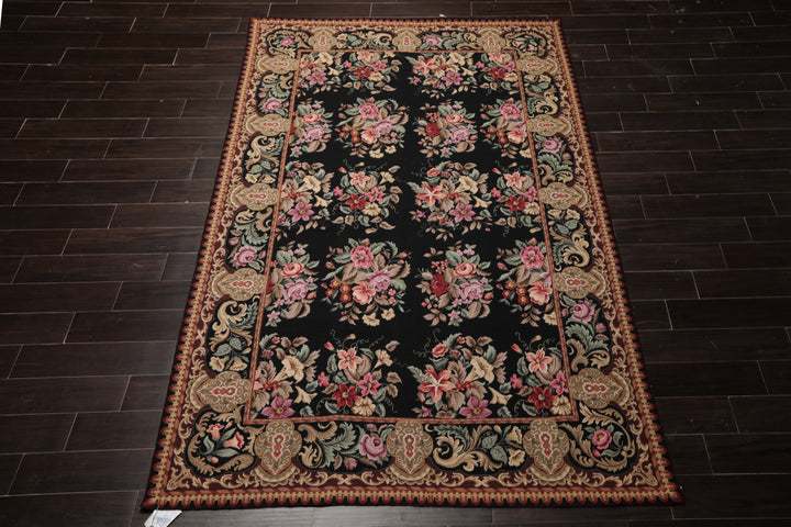 6x9 Black, Brown, Beige Color Hand Woven Aubusson Needlepoint Wool Traditional Oriental Rug