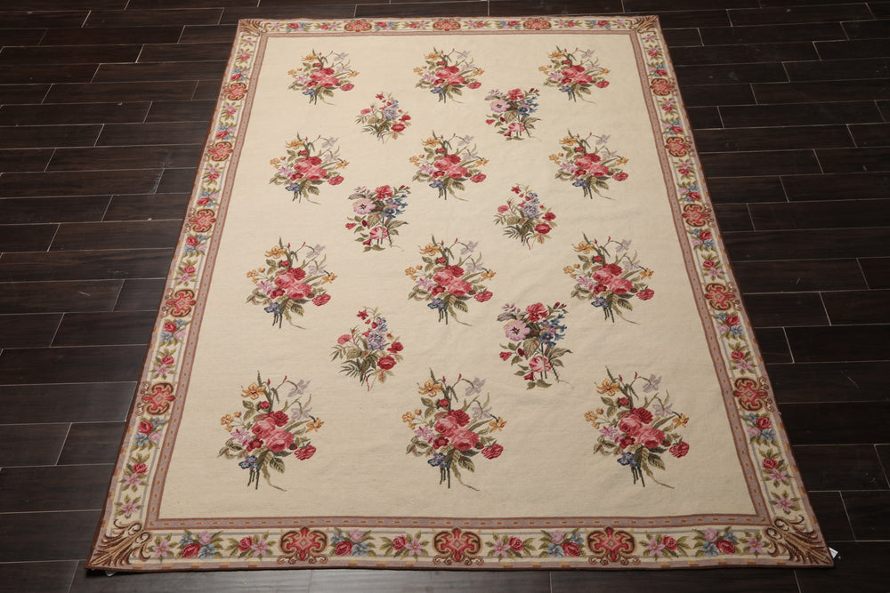 6x9 Ivory, Taupe, Red Color Hand Woven Aubusson Needlepoint Wool Traditional Oriental Rug