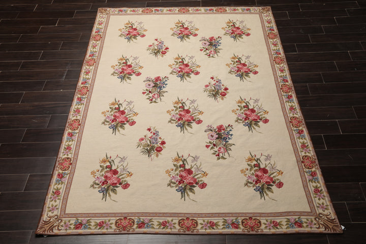 6x9 Ivory, Taupe, Red Color Hand Woven Aubusson Needlepoint Wool Traditional Oriental Rug