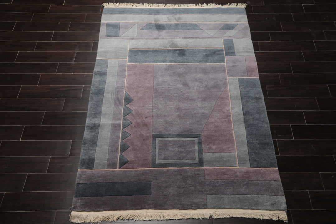 5x7 Gray, Blue, Aubergine Color Hand Knotted Tibetan New Zealand Wool Contemporary Oriental Rug