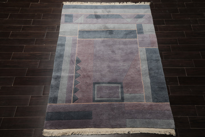 5x7 Gray, Blue, Aubergine Color Hand Knotted Tibetan New Zealand Wool Contemporary Oriental Rug