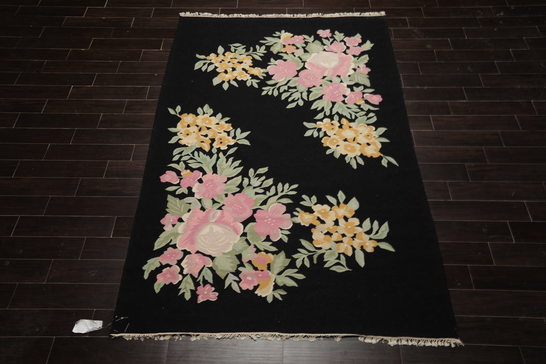6x9 Black, Pink, Aqua Color Hand Woven Kilim Wool Traditional Oriental Rug