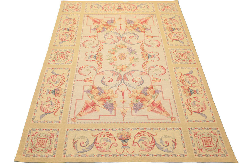 6x8 Beige, Rose, Lavender Color Hand Knotted French Aubusson Needlepoint Wool Traditional Oriental Rug