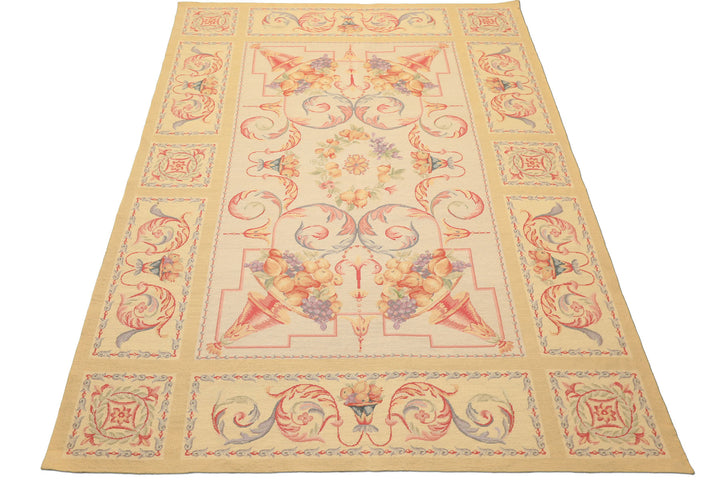 6x8 Beige, Rose, Lavender Color Hand Knotted French Aubusson Needlepoint Wool Traditional Oriental Rug