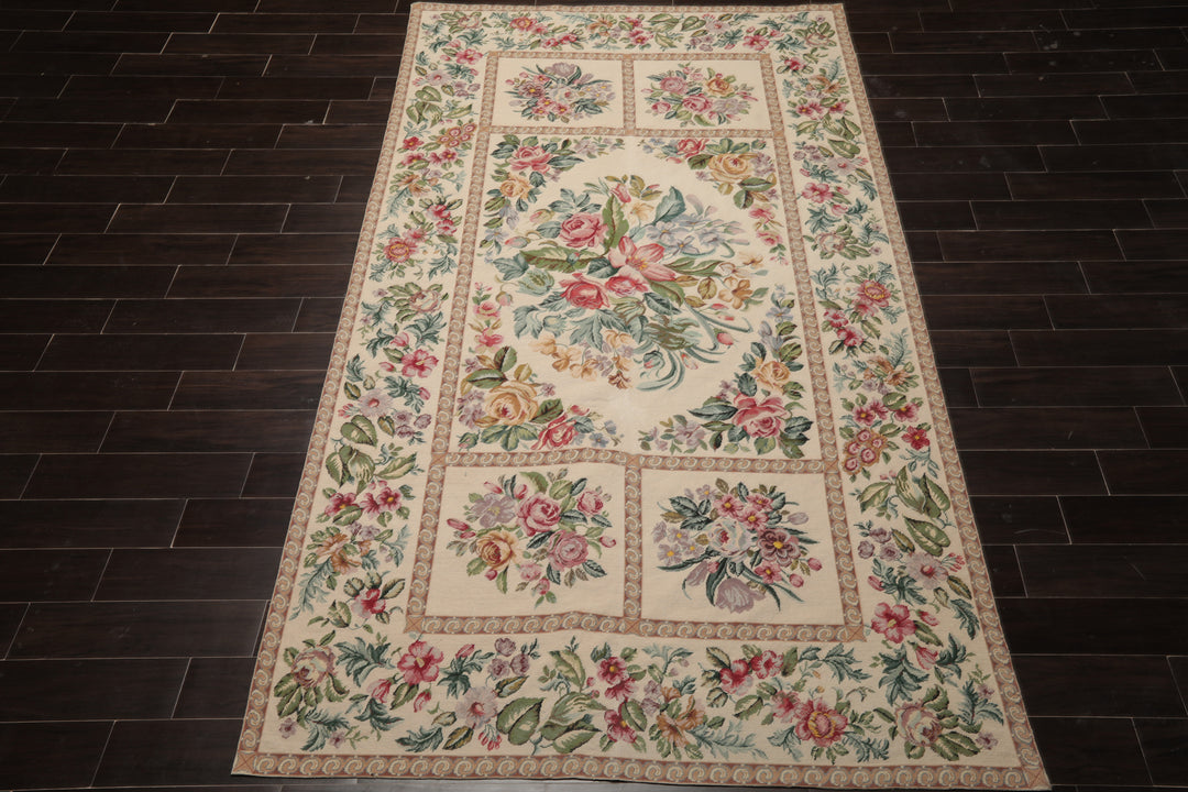 6x10 Ivory, Aqua, Rose Color Hand Woven Aubusson Needlepoint Wool Traditional Oriental Rug