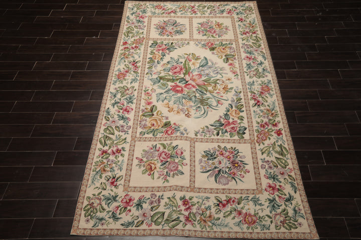 6x10 Ivory, Aqua, Rose Color Hand Woven Aubusson Needlepoint Wool Traditional Oriental Rug