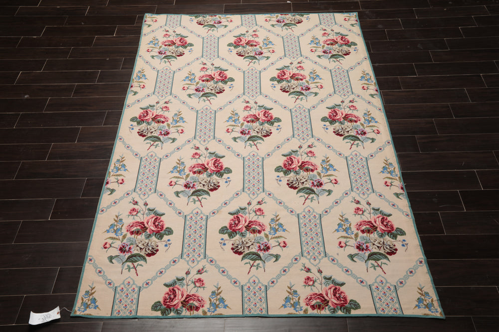 6x9 Ivory, Turquoise, Pink Color Hand Woven Aubusson Needlepoint Wool Traditional Oriental Rug