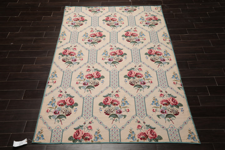 6x9 Ivory, Turquoise, Pink Color Hand Woven Aubusson Needlepoint Wool Traditional Oriental Rug