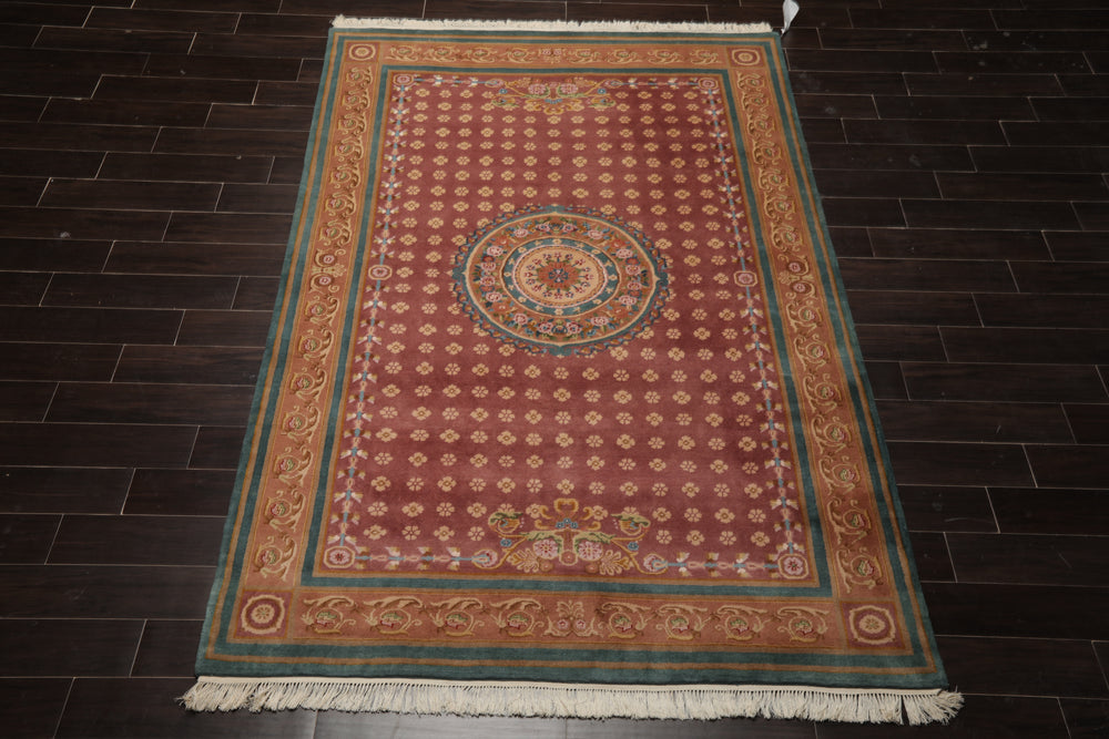 6x9 Rose, Peach, Turquoise Color Hand Knotted French Aubusson Savonnerie New Zealand Wool Traditional Oriental Rug