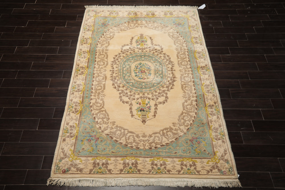 6x9 Ivory, Aqua, Brown Color Hand Knotted French Aubusson Savonnerie Wool Traditional Oriental Rug