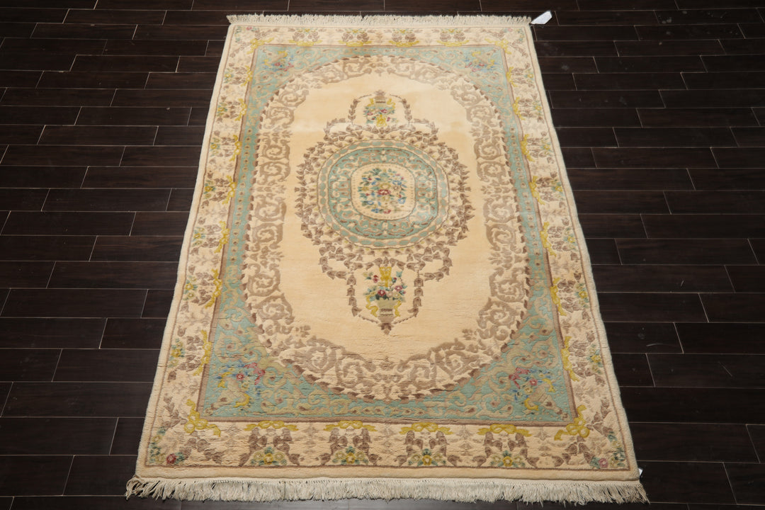 6x9 Ivory, Aqua, Brown Color Hand Knotted French Aubusson Savonnerie Wool Traditional Oriental Rug