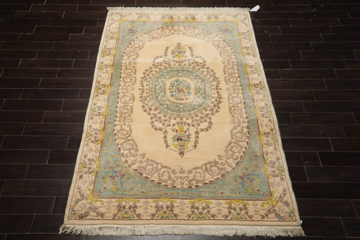 6x9 Ivory, Aqua, Brown Color Hand Knotted French Aubusson Savonnerie Wool Traditional Oriental Rug