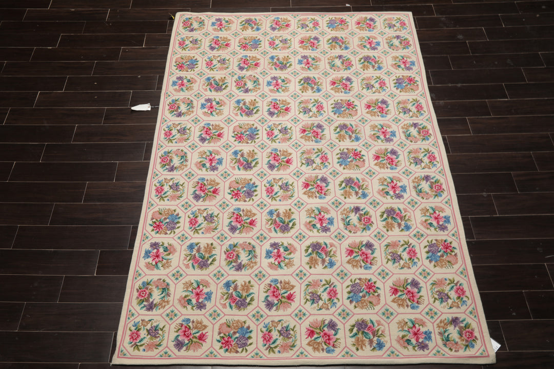 5x8 Ivory, Pink, Lavender Color Hand Woven Aubusson Needlepoint Wool Traditional Oriental Rug