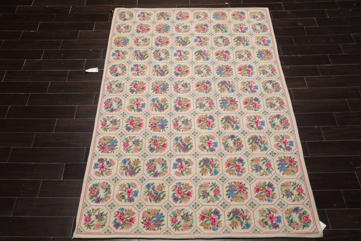 5x8 Ivory, Pink, Lavender Color Hand Woven Aubusson Needlepoint Wool Traditional Oriental Rug