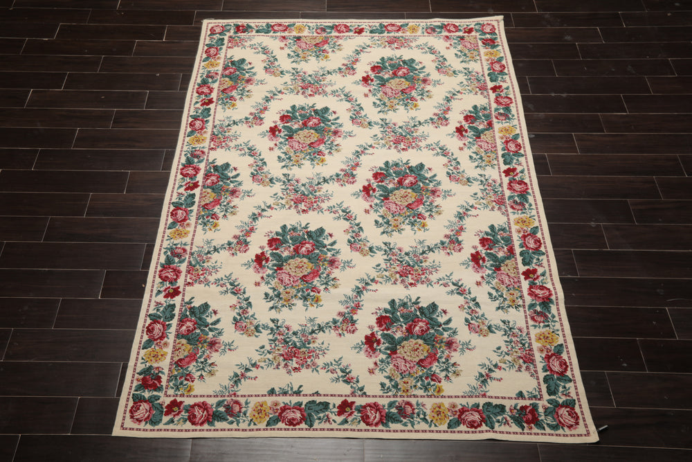 5x8 Ivory, Aqua, Teal Color Hand Woven Aubusson Needlepoint Wool Traditional Oriental Rug