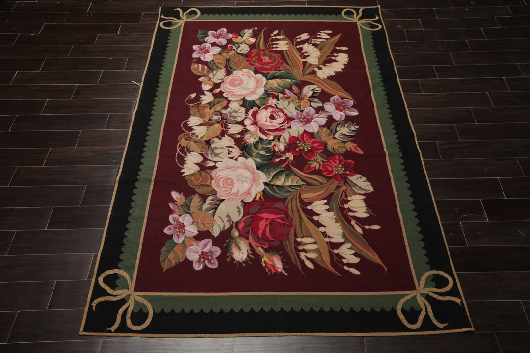 6x9 Plum, Green, Black Color Hand Woven Aubusson Needlepoint Wool Traditional Oriental Rug