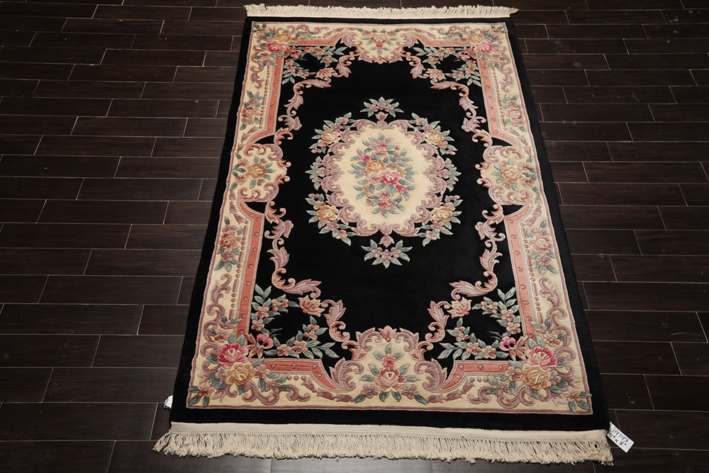 5x8 Black, Ivory, Blush Color Hand Knotted French Aubusson Savonnerie Wool Traditional Oriental Rug