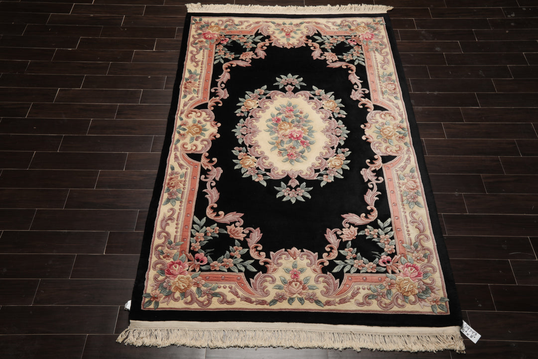 5x8 Black, Ivory, Blush Color Hand Knotted French Aubusson Savonnerie Wool Traditional Oriental Rug
