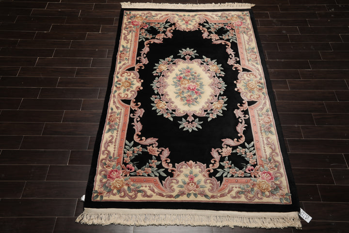 5x8 Black, Ivory, Blush Color Hand Knotted French Aubusson Savonnerie Wool Traditional Oriental Rug