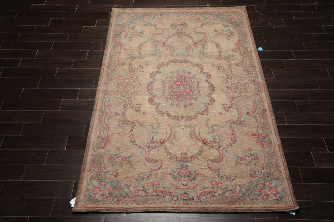 6x9 Beige, Tan, Blush Color Hand Knotted French Aubusson Savonnerie Wool Transitional Oriental Rug