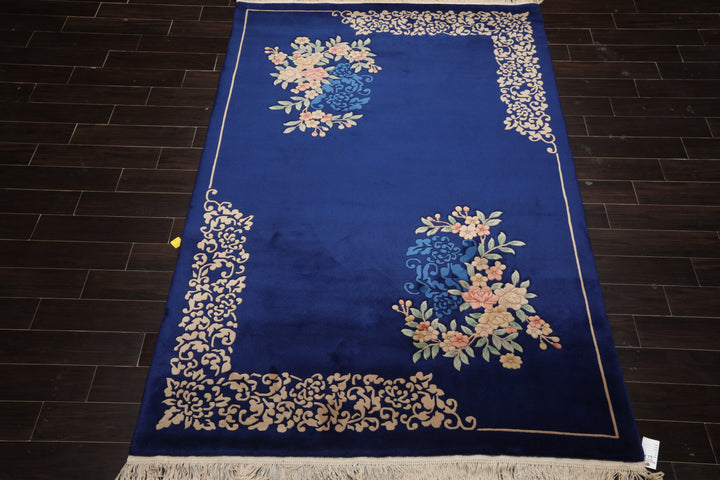 6x9 Royal Blue, Ivory, Blush Color Hand Knotted Chinese Art Deco Wool Traditional Oriental Rug