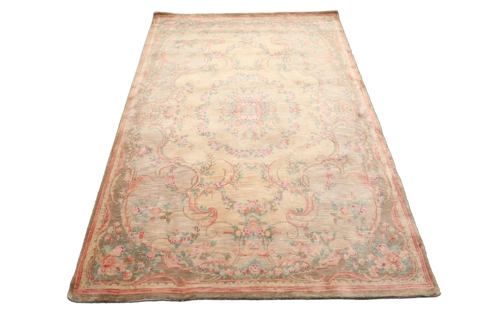 5x7 Beige, Rose, Brown Color Hand Knotted French Aubusson Savonnerie New Zealand Wool Traditional Oriental Rug
