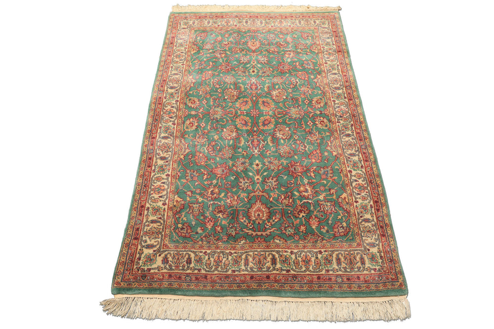 4x6 Green, Ivory, Rust Color Hand Knotted Kashan New Zealand Wool Traditional Oriental Rug