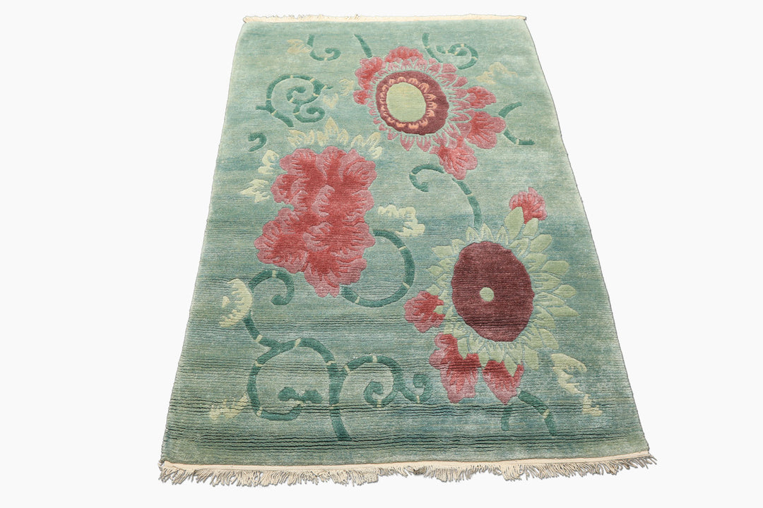 4x6 Seafoam-Green, Rust, Mauve Color Hand Knotted Tibetan Wool Transitional Oriental Rug