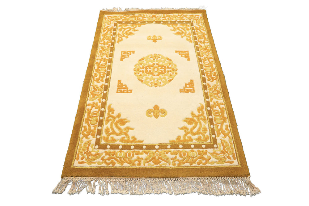 4x6 Ivory, Mustard, Gold Color Hand Knotted Indo Tibetan Wool Traditional Oriental Rug