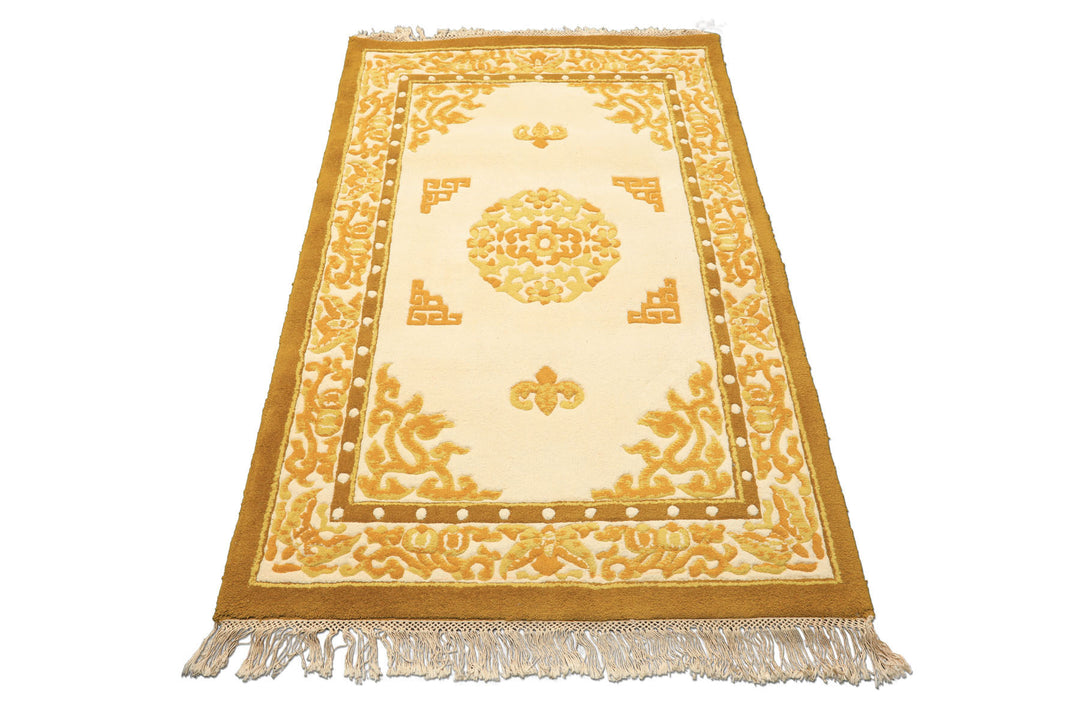 4x6 Ivory, Mustard, Gold Color Hand Knotted Indo Tibetan Wool Traditional Oriental Rug