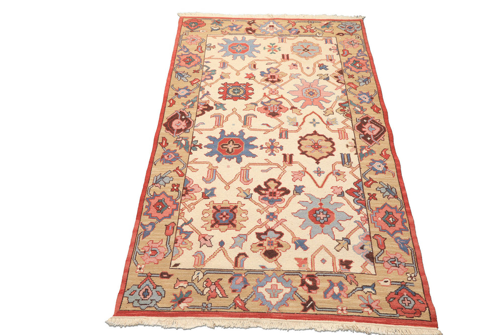 4x6 Ivory, Tan, Rust Color Hand Knotted Soumak Wool Traditional Oriental Rug