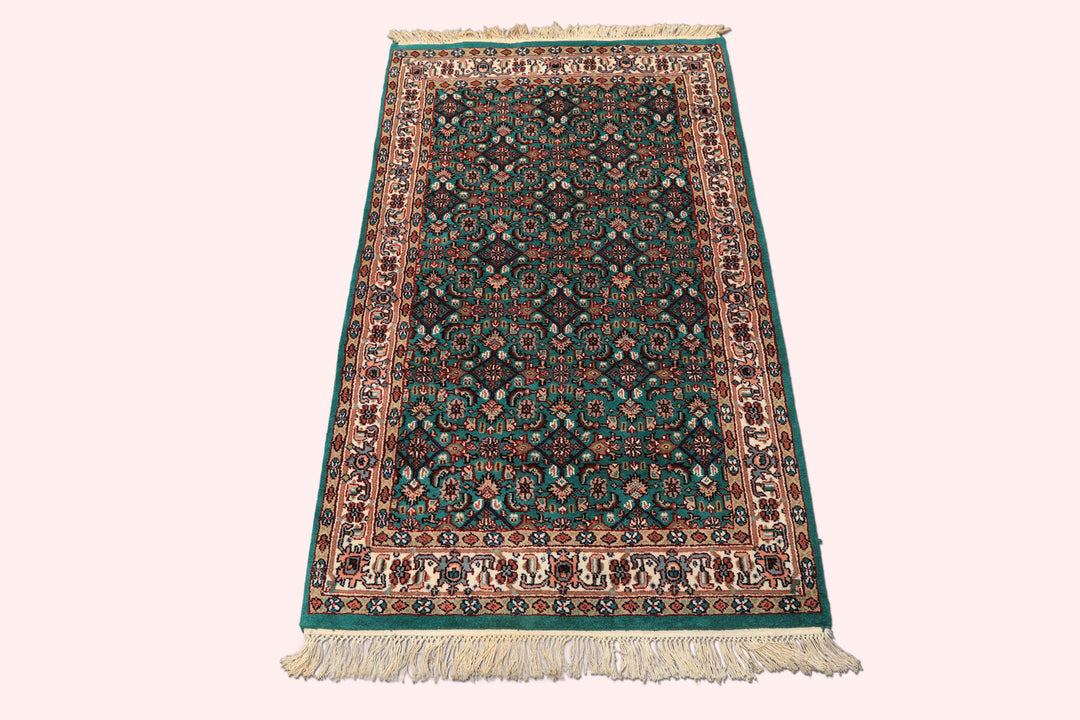 3x5 Green, Ivory, Tan Color Hand Knotted Indo Kashan Wool Traditional Oriental Rug