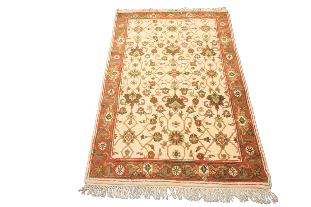 4x6 Ivory, Rust, Green Color Hand Knotted Indo Kashan Wool Traditional Oriental Rug