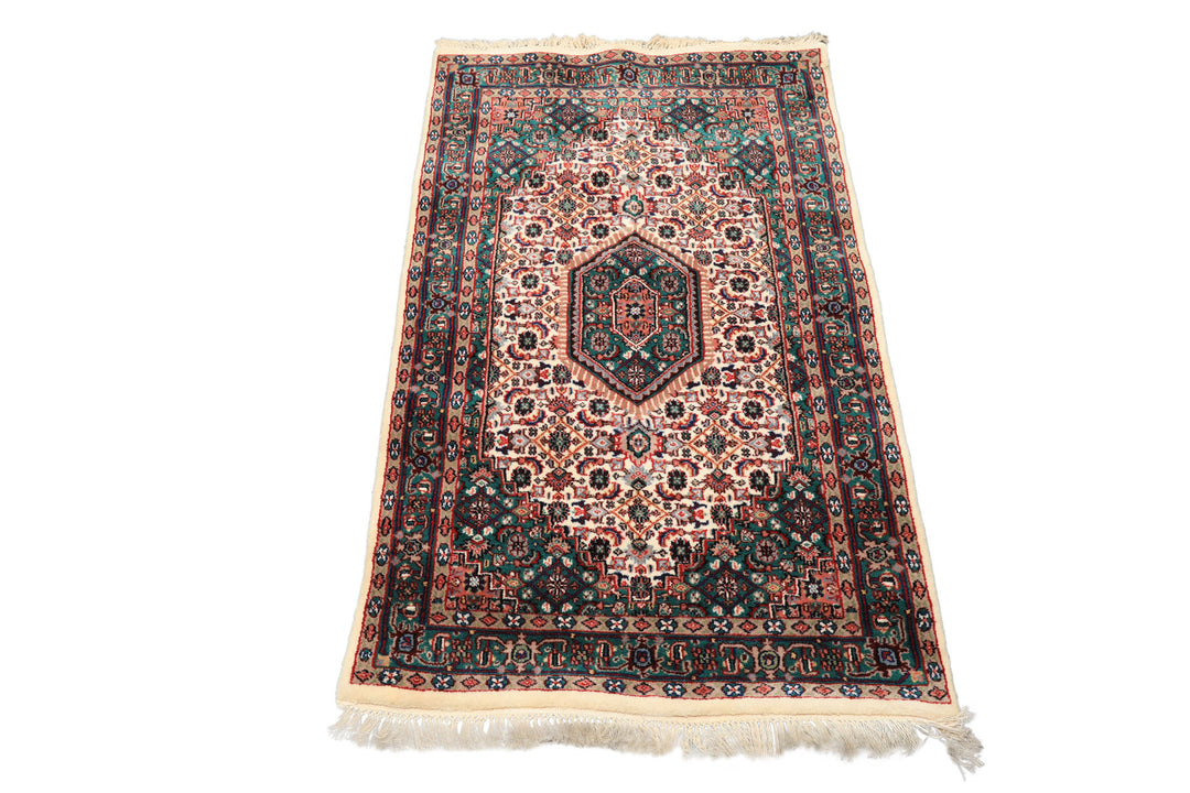 3x5 Ivory, Turquoise, Red Color Hand Knotted Indo Bidjar Wool Traditional Oriental Rug