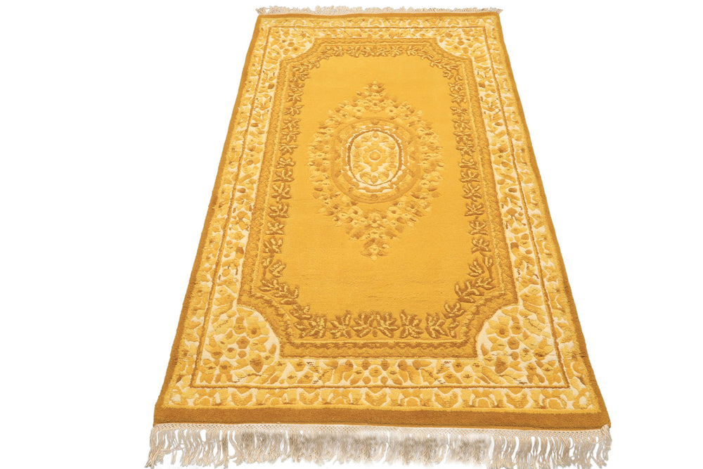 4x6 Gold, Cream, Mustard Color Hand Knotted French Aubusson Savonnerie Wool Traditional Oriental Rug