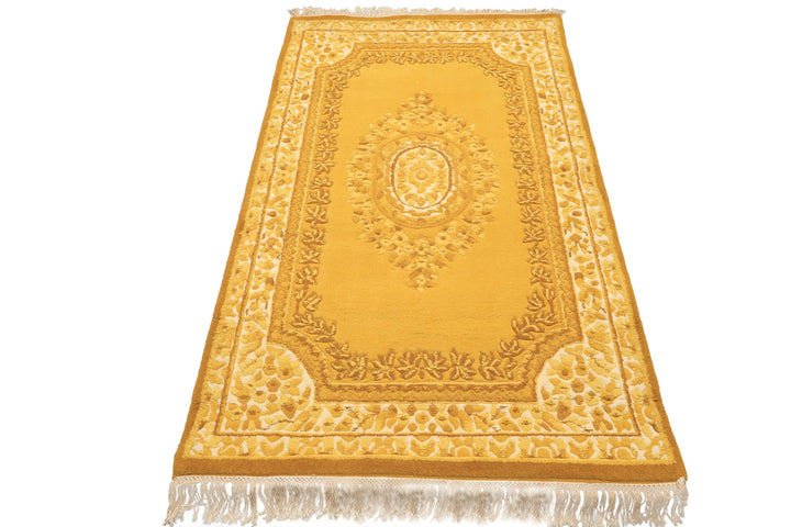 4x6 Gold, Cream, Mustard Color Hand Knotted French Aubusson Savonnerie Wool Traditional Oriental Rug