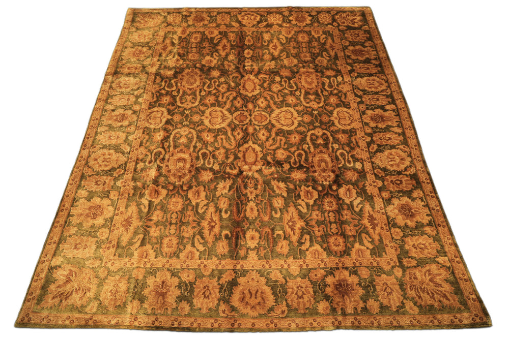 9x12 Green, Gold, Tan Color Hand Knotted Agra Wool Traditional Oriental Rug