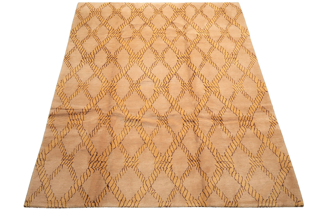 8x10 Tan, Gold, Chocolate Color Hand Knotted Tibetan Wool Transitional Oriental Rug