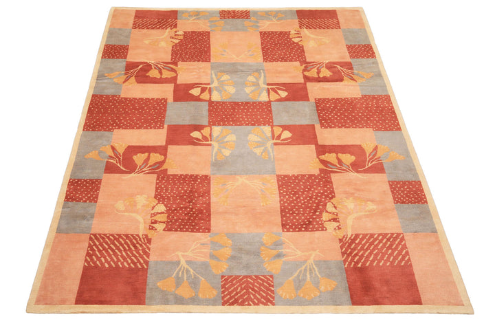 8x10 Blush, Rose, Blue Color Hand Knotted Tibetan Wool Transitional Oriental Rug