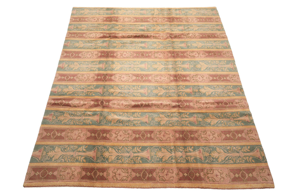 8x10 Blush, Aqua, Gold Color Hand Knotted Tibetan Wool Transitional Oriental Rug