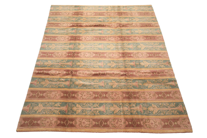 8x10 Blush, Aqua, Gold Color Hand Knotted Tibetan Wool Transitional Oriental Rug