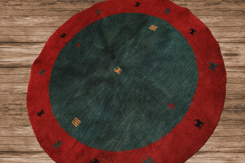Round Green, Red, Gold Color Hand Knotted Gabbeh Wool Modern & Contemporary Oriental Rug