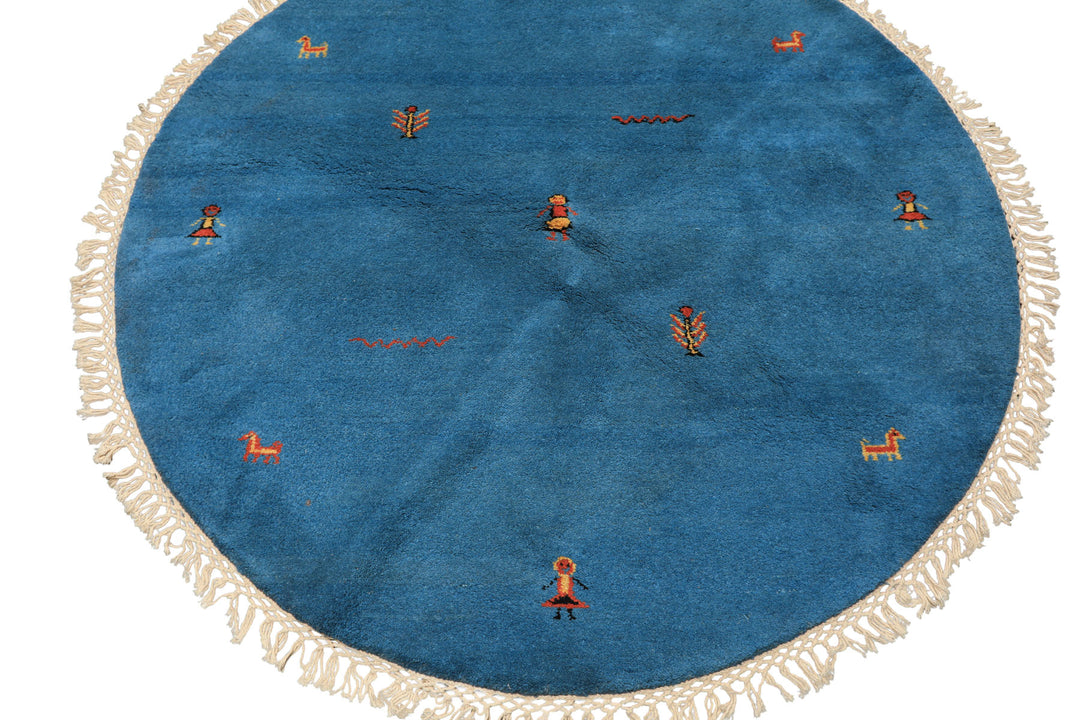 Round Aqua, Gold, Black Color Hand Knotted Gabbeh Wool Modern &amp; Contemporary Oriental Rug