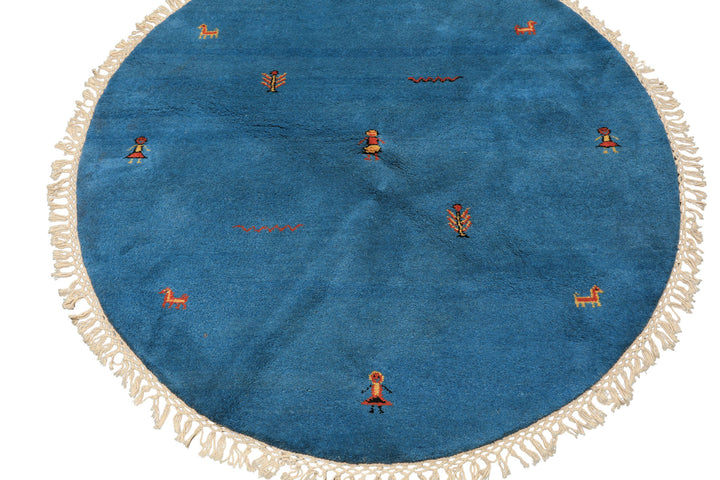 Round Aqua, Gold, Black Color Hand Knotted Gabbeh Wool Modern &amp; Contemporary Oriental Rug