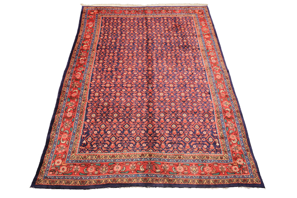 7x11 Royal Blue, Coral, Blush Color Hand Knotted Mahal Sarouk Wool Traditional Oriental Rug
