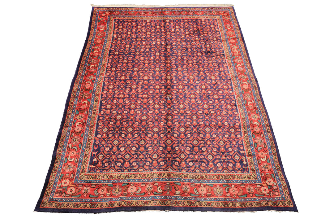 7x11 Royal Blue, Coral, Blush Color Hand Knotted Mahal Sarouk Wool Traditional Oriental Rug