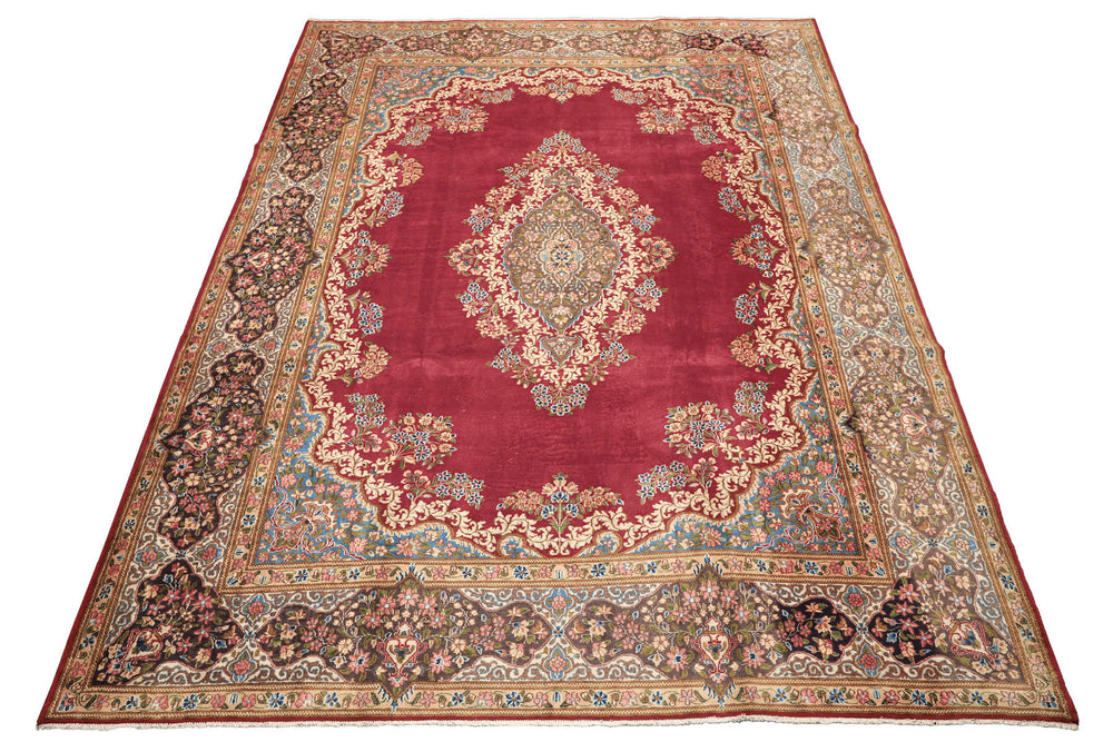 10x14 Coral, Aubergine, Aqua Color Hand Knotted Kerman Wool Traditional Oriental Rug