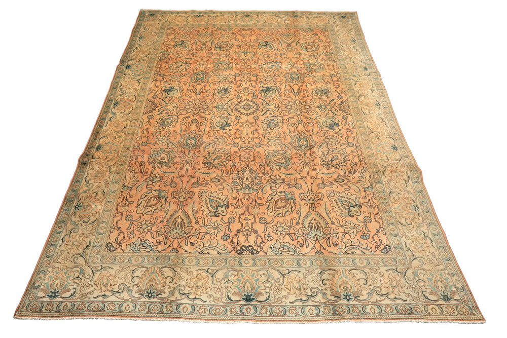 10x14 Peach, Beige, Celadon Color Hand Knotted Tabriz Wool Traditional Oriental Rug